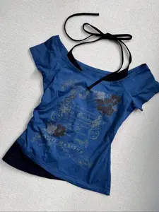 Women's 2 in 1 Floral & Letter Print  Halter Tee, Y2k Casual Top for Summer, Ladies Clothes for Daily Wear