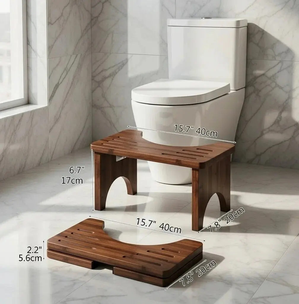 Bamboo Foldable Bathroom Toilet Stool - Wide, Stable, Lightweight, Easy-to-Clean Fold-Up Anti-Shaking Saddle-Shaped Child-Friendly Stool for Adult Comfort, Home & Travel, Fold-Up Bathroom Stools