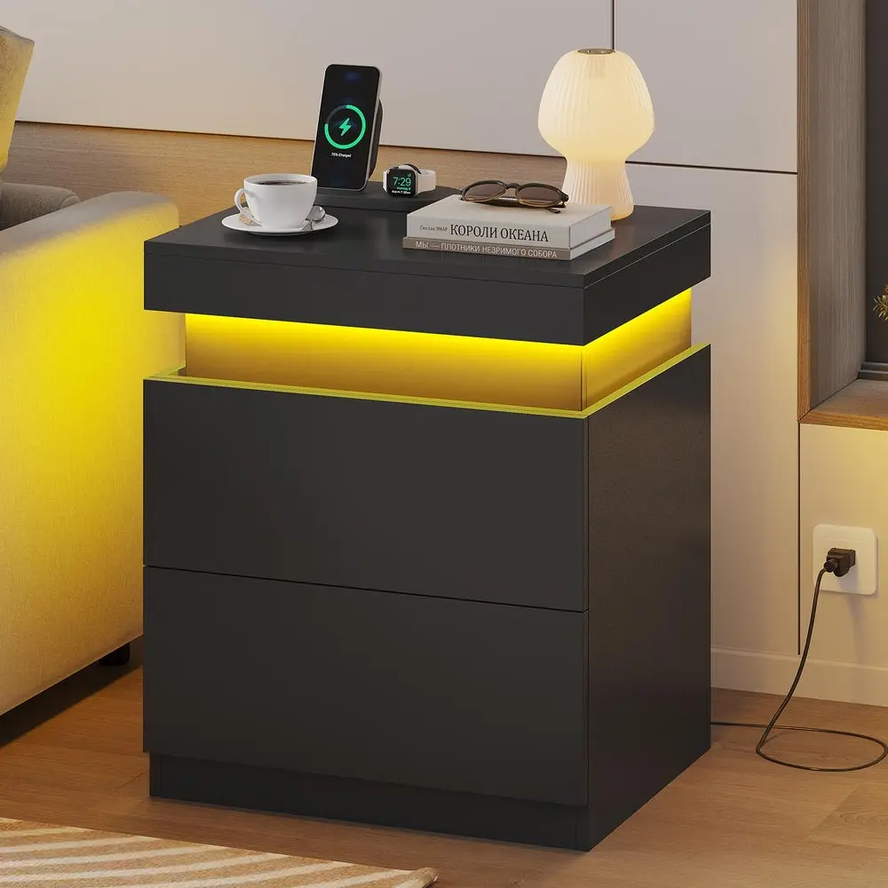 SIKAIC Modern & Versatile Engineered Wood LED Bedside Table Nightstand with Charging Station - 2 AC Outlets, Glide Sliding Top, 2 Drawers, Mobile App-Controlled Dynamic RGB Illumination, Storage for Bedroom Indoor Furniture, Rgb Lights, Cozy Corner
