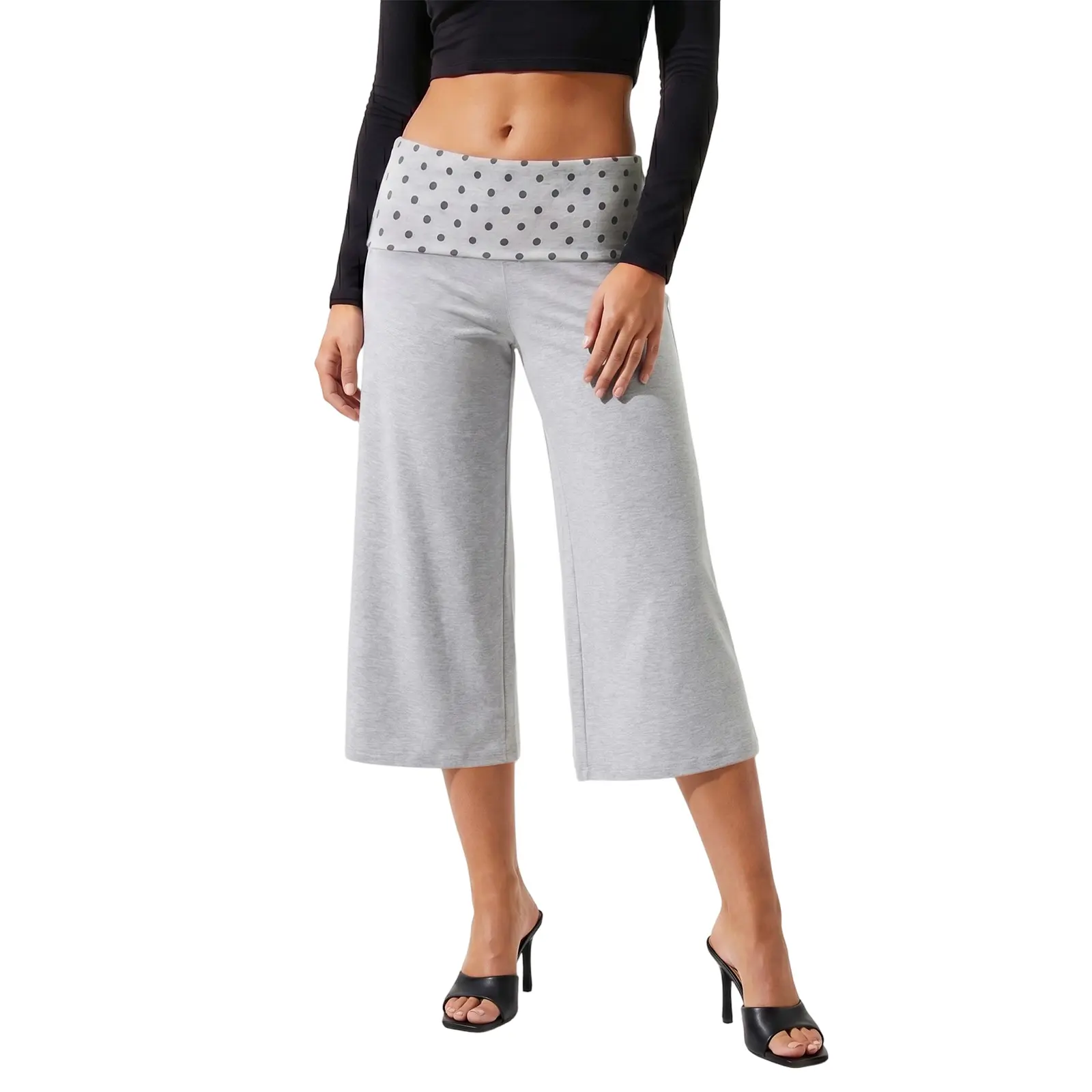 Women's Solid Color Wide Leg Capri Pants, Casual Low Rise Polyester Trousers with Fold-Over Waistband, Lady, Fold Over Waist, Low-Rise Wide-Leg Pants