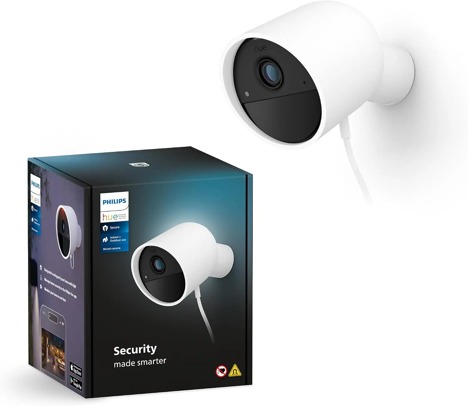 Philips Hue Secure Wired Camera-1 Pack, 1080P Resolution, Notifications, Seamless Integration, Continuous Power, Indoor and Outdoor, White. Free 24-Hour Video History