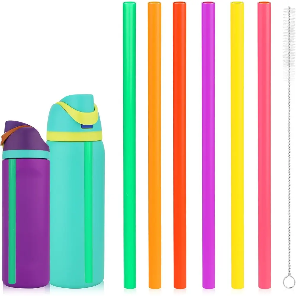Owala FreeSip Water Bottle Tumbler Accessories - 6-Piece Reusable Plastic Straw Replacement Set for 24 oz & 32 oz, Includes 1 Cleaning Brush, 2 Rubber Seal Lid Gaskets, 6-Color Silicone Parts, Lid Seal Gaskets