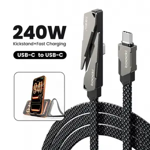 Toocki 240W Braided Fast Charging, USB-C to USB-C Invisible Stand Charging Cable, Black 4.9 FT with 90° Adjustable Metal Stand 2-in-1 Charging Stand for Gaming, Office, Home, and Other Scenarios.