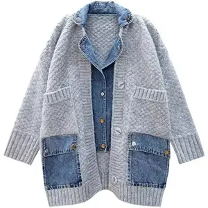 Women’s loose denim patchwork winter knitted cardigan — versatile faux two-piece design