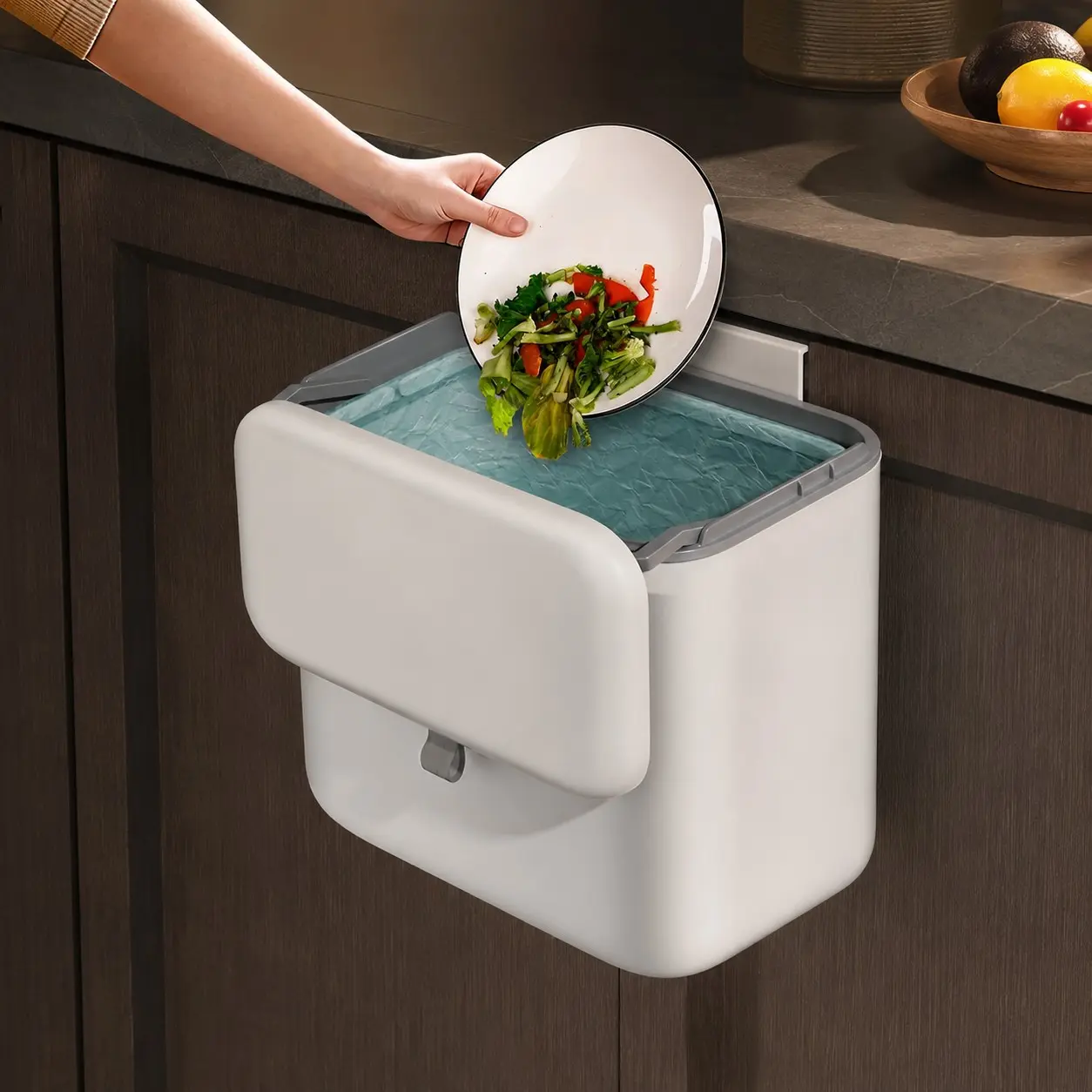 2.6 Gal White Kitchen Compost Bin - Countertop/Under Sink Hanging Trash Can with Lid, Cabinet Door-Mounted Food Waste Bin for Kitchen, Bathroom, RV, Office