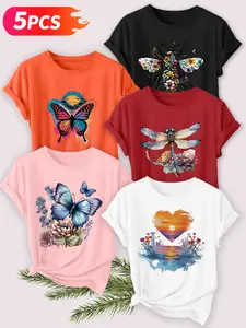 Women's 5-Pack Casual Short Sleeve Crew Neck T-Shirt, Ocean Style Sea Turtle Starfish Shell Coral Print, Multiple Colors, Machine Washable, Spring & Summer Top, Soft Skin-Friendly Fabric, Daily Wear, Fashion Design, Womenswear
