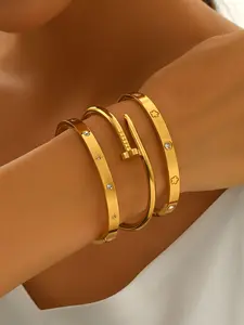 Women's Bangles Set, Stainless Steel Heart Design Jewelry, Casual Style, All-Season Wear, Lucky Charm Accessory
