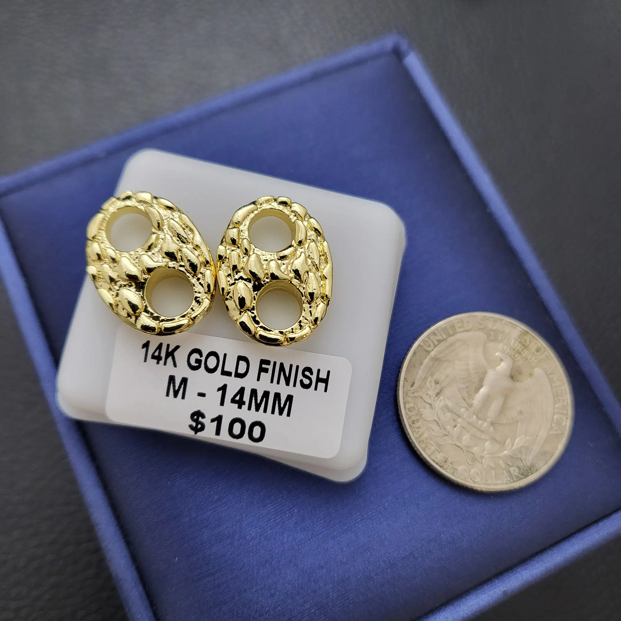 MaxBling81 14K Solid Gold Plated High-End Brass Nugget Puffed Mariner Link Stud Earrings, Luxury Fashion Unisex Bling Jewelry for Men and Women, Gold Nugget Earrings