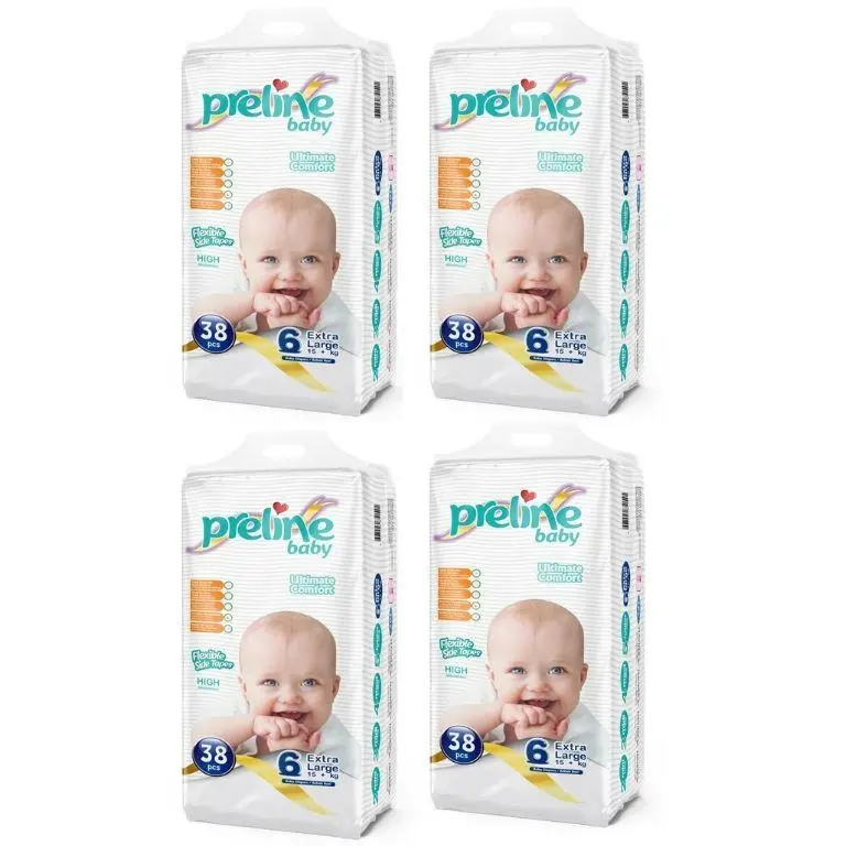 (152 Diapers) Preline Baby Diapers Size 6 Extra Large (30+ lbs / 15+ kg, 4 pack 38 each)