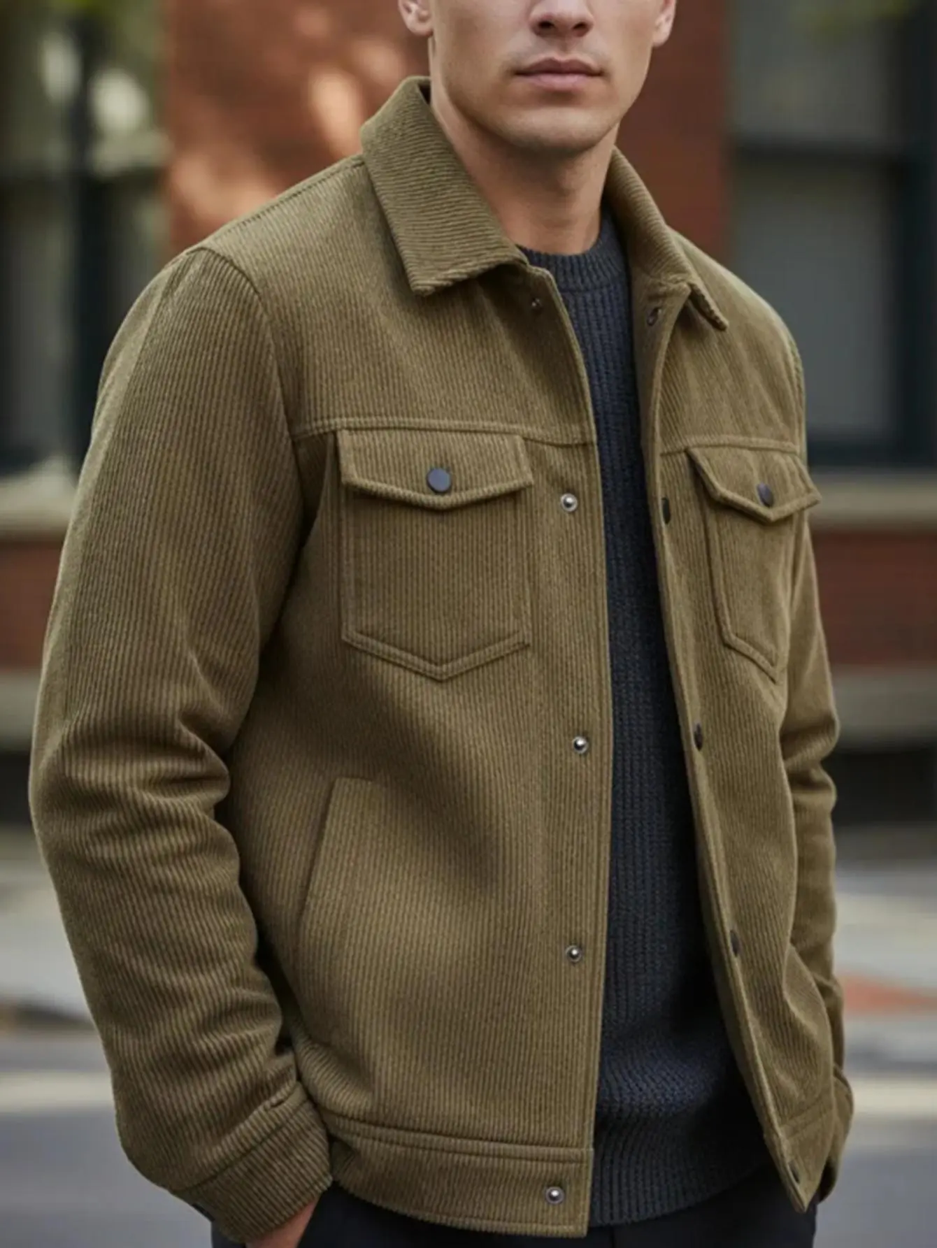 Mens Corduroy Jacket Spring And Autumn Turn-down Collar Casual Coats Beige