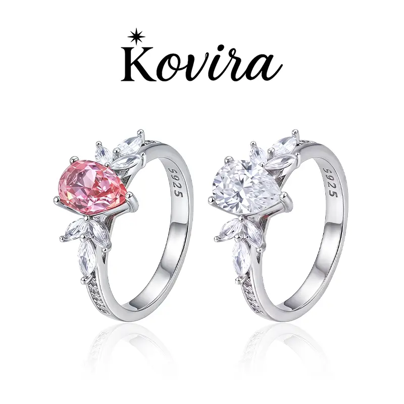 Kovira S925 Sterling Silver Elegant Pear Cut 5A Zircon Floral Engagement Ring for Women Everyday Wear,Self Love Gift/Travel Luxury/Anniversary Gift/Engagement Ring/Date Ring