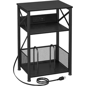 Record player stand with charging station, turntable stand with storage cabinet, three-tier side table can hold up to 100 records, vinyl record stand, suitable for living room, black