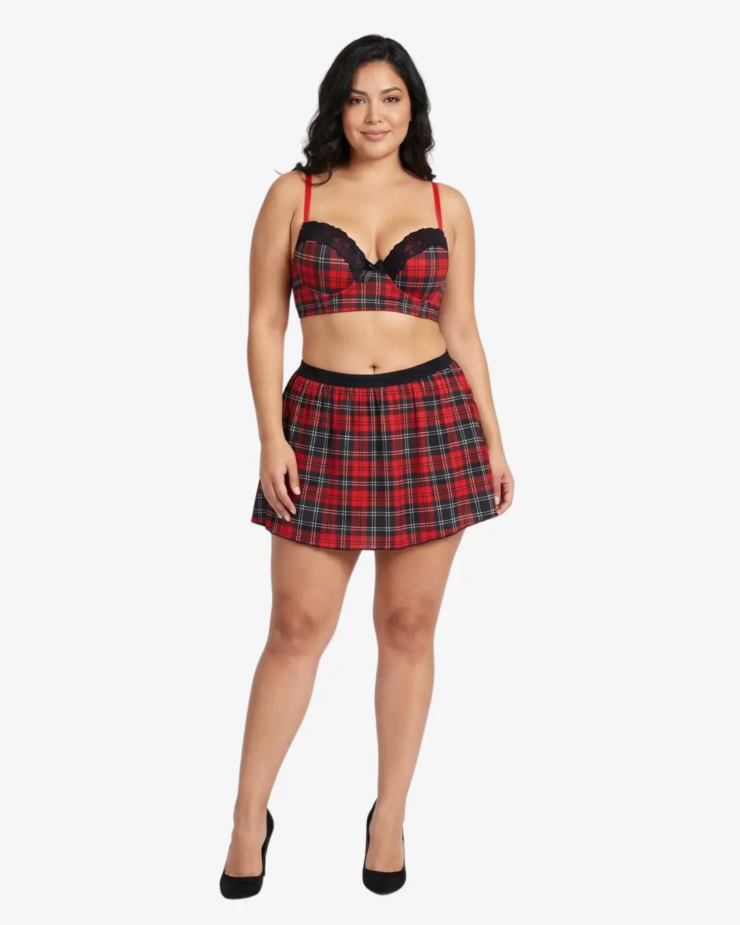 Original Women's Plaid Costume Set, 2-Piece Clothes with a Smooth Bustier Top, Adjustable Spaghetti Straps and a Black Micro Skirt, Lace, Crop Top, Fabric