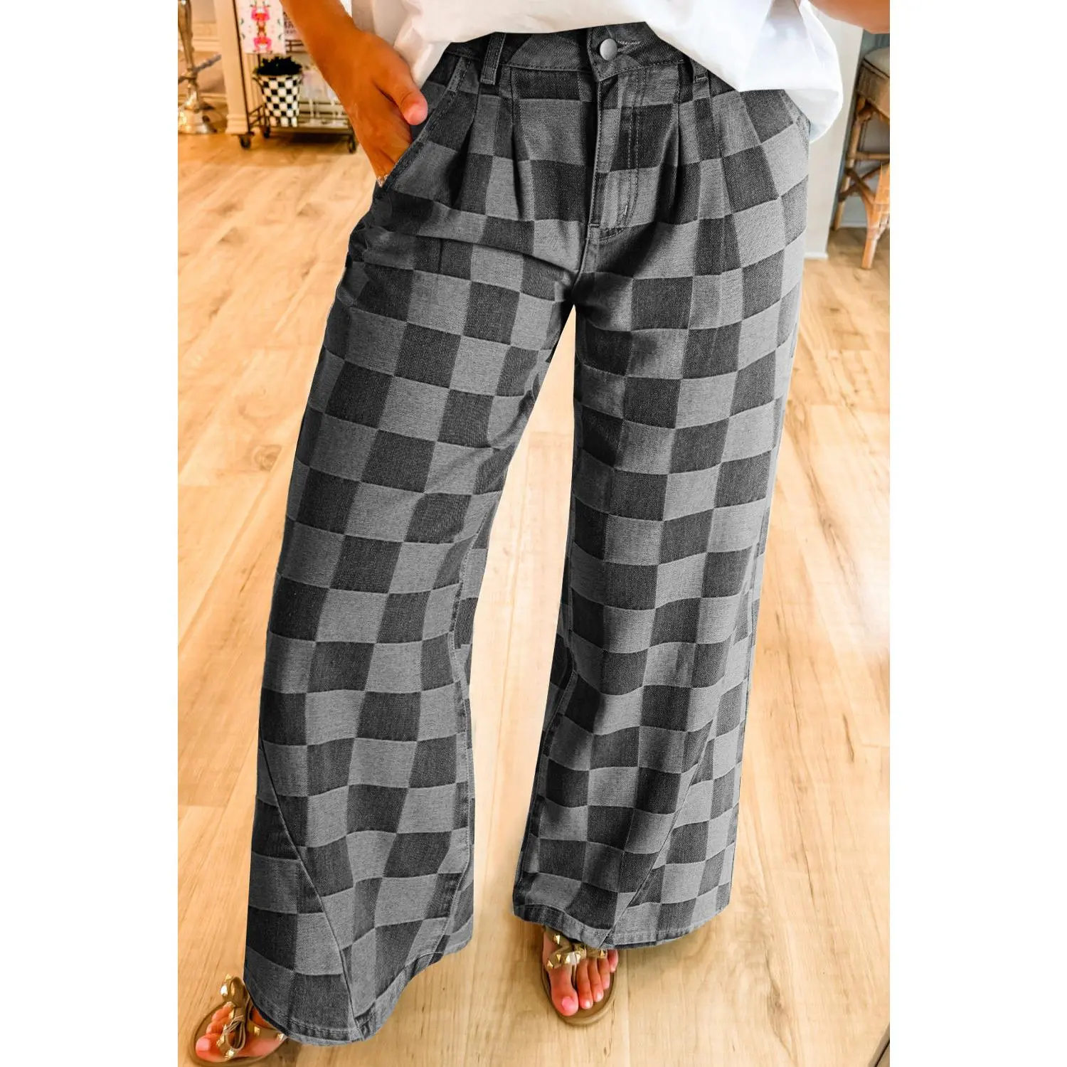 Dark Grey Checkered Denim Wide Leg Jeans