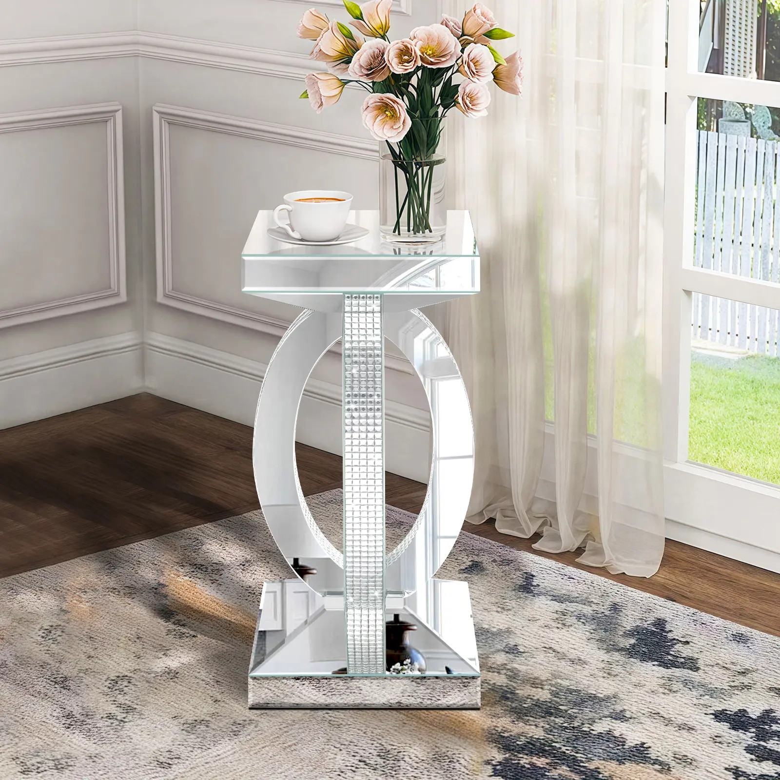 Silver Mirrored End Table with Crystal Inlay, Modern Side Accent Table, Small Mirrored Coffee Table for Living Room, Bedroom 12"x12"x24"