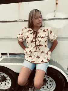 Cowboy Print Puff Sleeve Bowknot Babydoll Blouse with Unique Western Style and Comfortable Fit