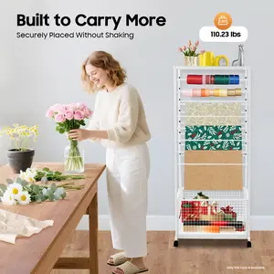 16-Tier Double-sided Ribbon Organizer Rack 26.38x12.6x59.06In 110Lbs Load 4 Lockable Wheels Adjustable Crossbar for Flower Shop Craft Room Storage