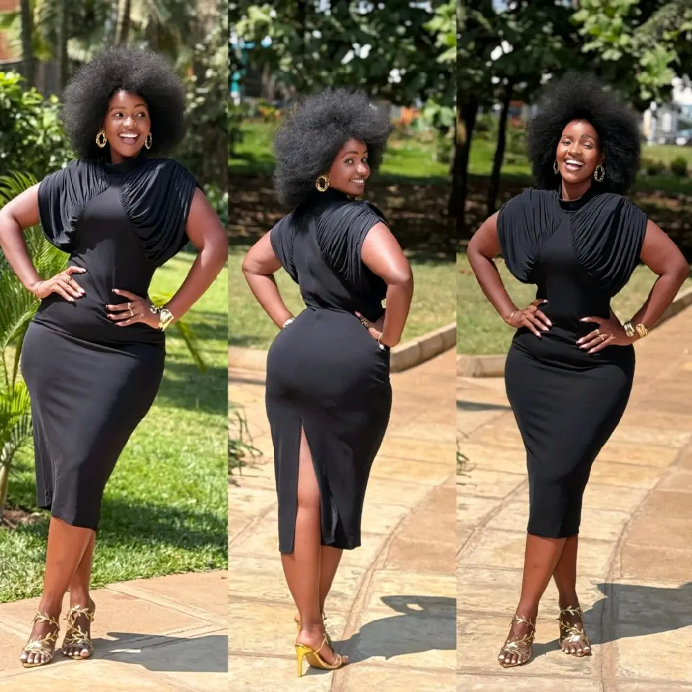 Anna's midi occasional dress with ruffles on the shoulder