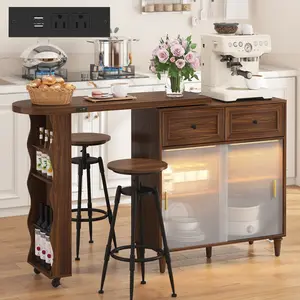69-Inch Expandable Sideboard / (With Charging Station) — A Mobile Bar Cart Featuring Glass Doors and Drawers. Suitable for Living Rooms, Dining Areas, and Bar Counters. Boasts a Space-Saving, Expandable, and 360-Degree Rotating Design. Color: Brown.
