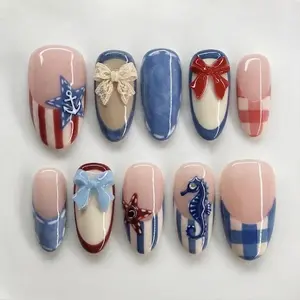 A48 Handmade Coastal USA Press-On Nails, Nautical Seahorse and Starfish Design, Blue Plaid Ribbon Style, Cute Summer Beach Nails, Gift for Her
