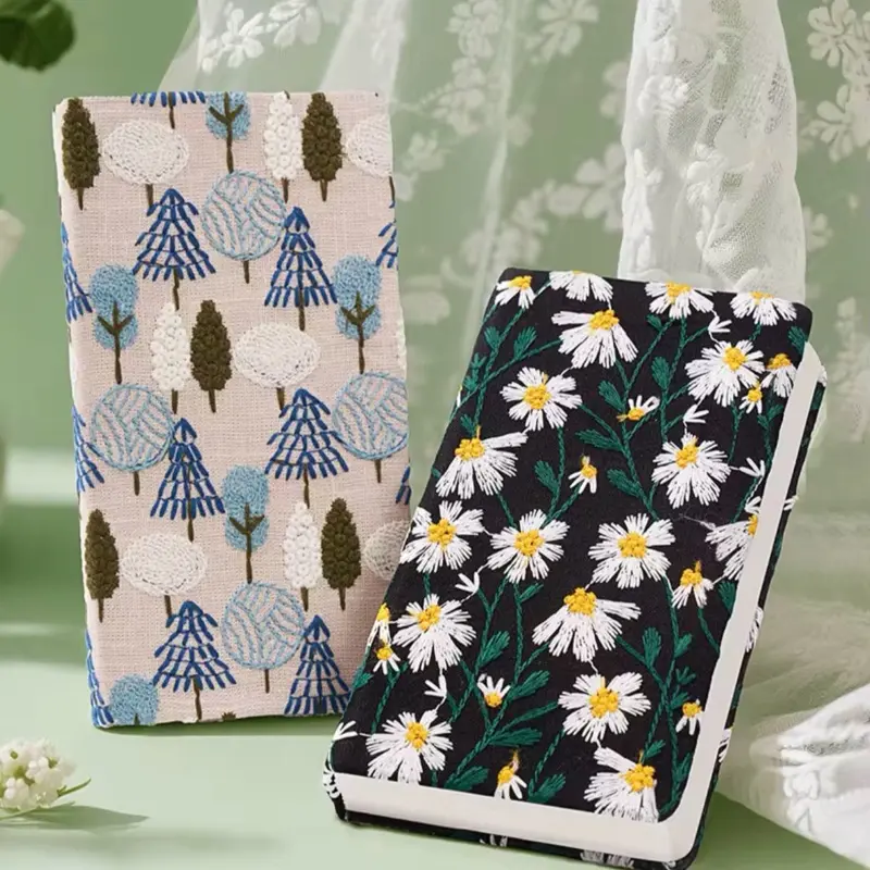 Handmade Daisy Floral Embroidered Fabric Journal Notebook A6 Hardcover Cloth Cover 192 Pages Lined Paper