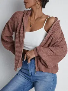 Women's Zipper Up Hooded Casual Cardigan Sweater, Autumn/Winter Long Sleeve Solid Color Cable Knit Fashion Loose Fit Soft Cozy Stylish Knit Cardigan, Women Fall Outfit, Winter Sweater for Women, Cute Knitwear for Women, Fall knitted Outerwear, Womenswear