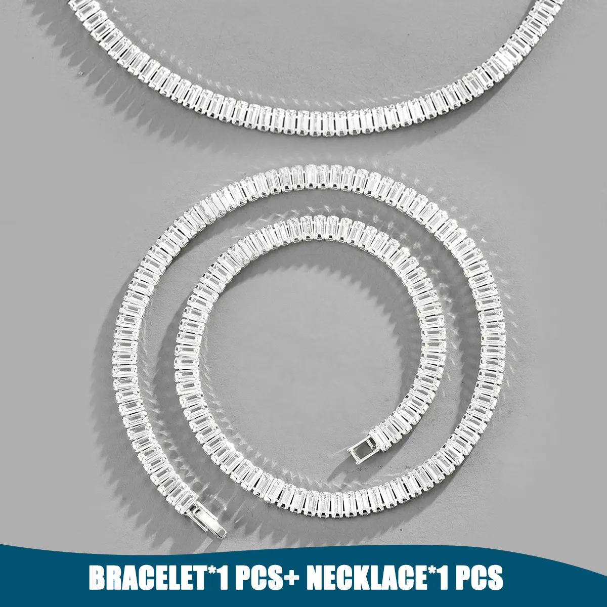 Unisex 6mm Silver Cuban Chain Zirconia Jewelry Set - Rectangular Zircon-Inlaid Necklace & Bracelet, Trendy Fashion Accessory