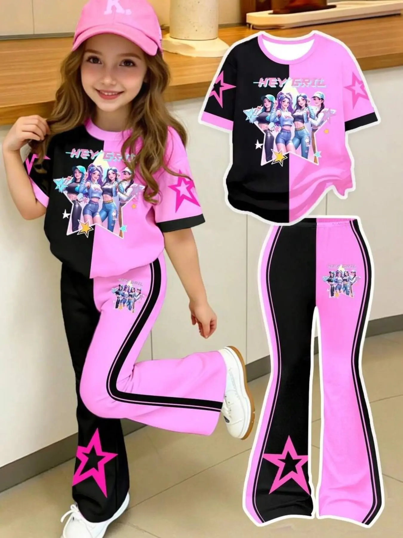 Patchwork Hey Gril Tween Set, Slim-Fitting Cartoon Pattern Suit, Two-Piece for Girls, Summer Clothes Set, Fashionable and Trendy, Summer Clothing Set, Summer Outfits Set