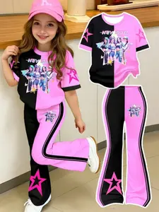 Patchwork Hey Gril Tween Set, Slim-Fitting Cartoon Pattern Suit, Two-Piece for Girls, Fashionable and Trendy, Summer Clothing Set