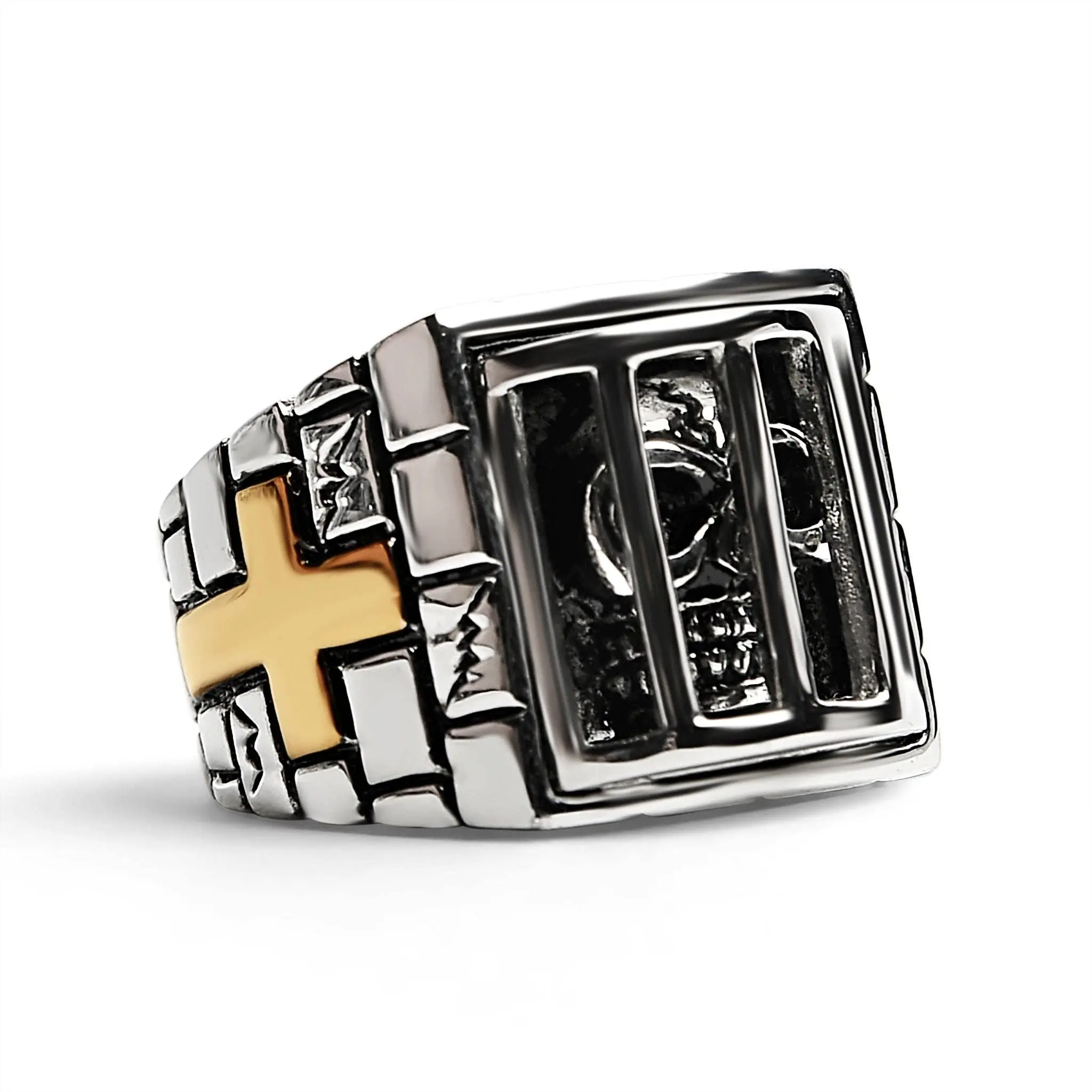 18-Karat PVD Gold-Plated Stainless Steel Medieval Prison Calavera Ring, Medieval Rings with Crucifix Motif Details, Size 9, Crucifix Motif Rings