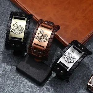 Men's Stylish Viking Themed Leather Wristband Bold Wolf Motif Metal Embellishment Bracelet Punk Rock Parties Jewelry Unique Gift