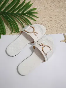 Minimalist Metal Buckle Sandals, Lazy One-Step Vacation Flip Flops, Flat Design, Soft Lining, Non-Slip Rubber Sole, Comfortable Walking Shoes