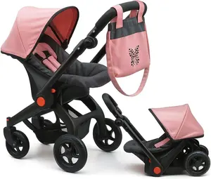 Baby Doll Convertible Travel Stroller for Girls – 2-in-1 Foldable Doll Carriage with Car Seat, Adjustable Handle, Diaper Bag & Storage Basket – Pink & Grey Pretend Play Doll Stroller for Ages 3+