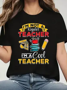 Plus Size, Women's Funny Teacher T-Shirt - "I'm Not a Regular Teacher I'm a Cool Teacher" Bold Yellow & Red Text with Icons, Black Shirt Suitable for Educator Appreciation Gifts, Last Day of Party Outfit, Machine Washable Casual Round Neck Top