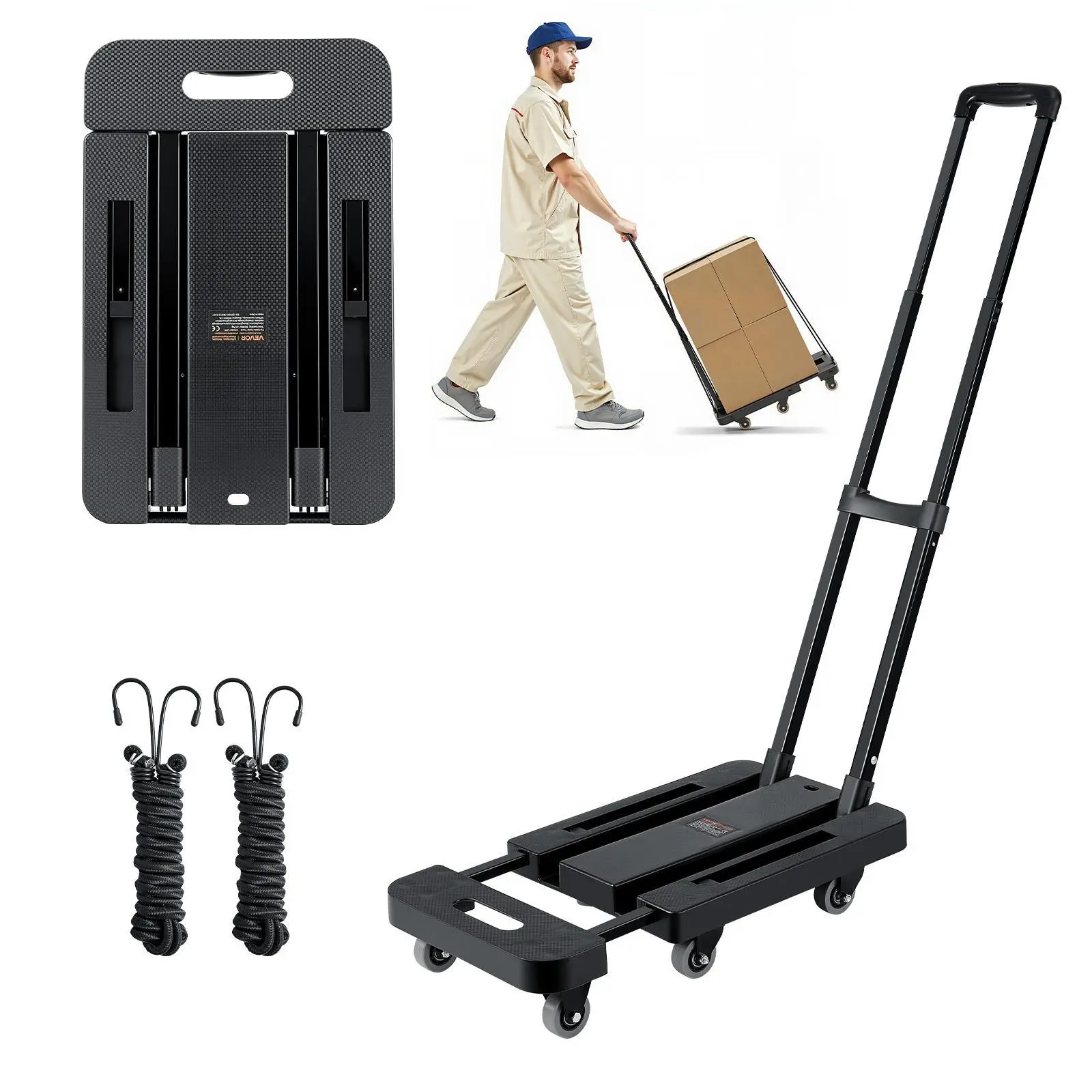 【SummerFinds】VEVOR Portable Folding Hand Truck, 500 lbs Load Capacity, Collapsible Luggage Cart with 6 Wheels, 2 Bungee Cords & Expandable Base, 18.5x12in Utility Dolly Platform Cart for Airport Travel, Office Moving, Black, Portable Cart, Bungee Cord