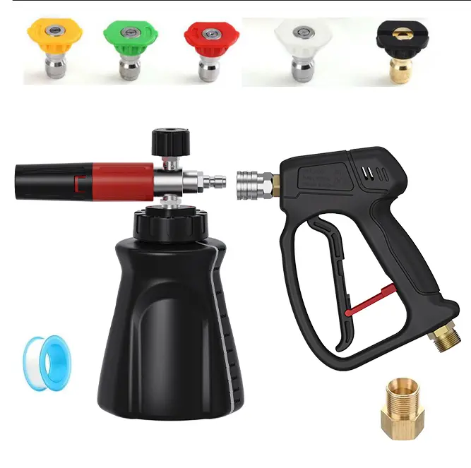 High-Pressure Washer for DIY Car Washing, Black Short Gun, M22-14/15 End Connector, 1L Black & Red Triangular Foam Bottle, 5-Color Nozzles, Comprehensive Cleaning Solution with Versatile Washing Options Car Wash Equipment Car Wash Accessories