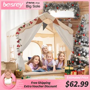 Besrey Kids Tent Playhouse, 2-in-1 Large Play Tent with LED Lights, Padded Mat, 2 Doors and 4 Windows for Indoor and Outdoor Family Fun