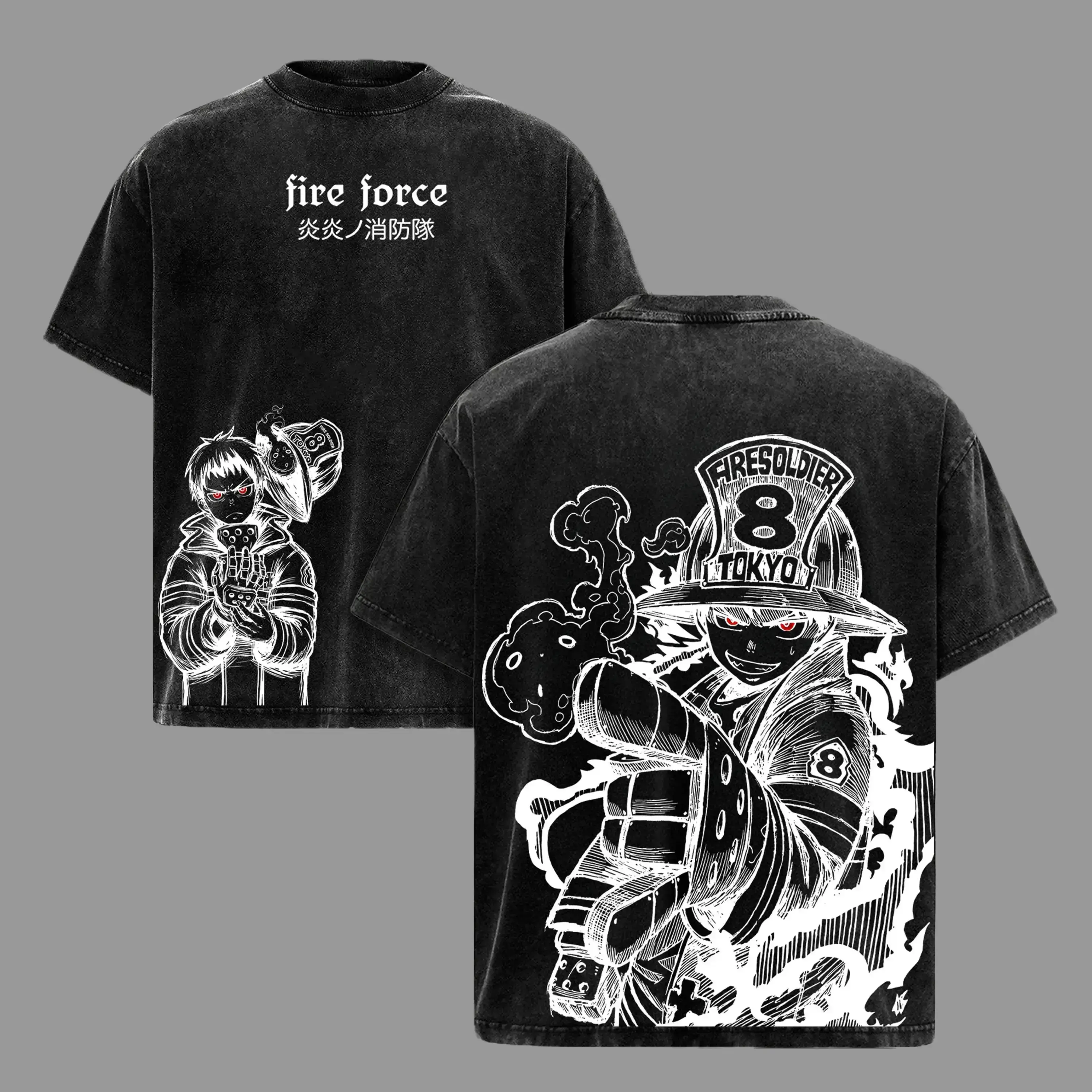 Shinra Kusakabe Tee Washed – Fire Force Vintage Washed Heavy Cotton Oversized Anime Manga T-Shirt & Hoodie Washed, Double Printed Retro Unisex Streetwear Graphic Top, Devil’s Footprints Fire Fighter Edition