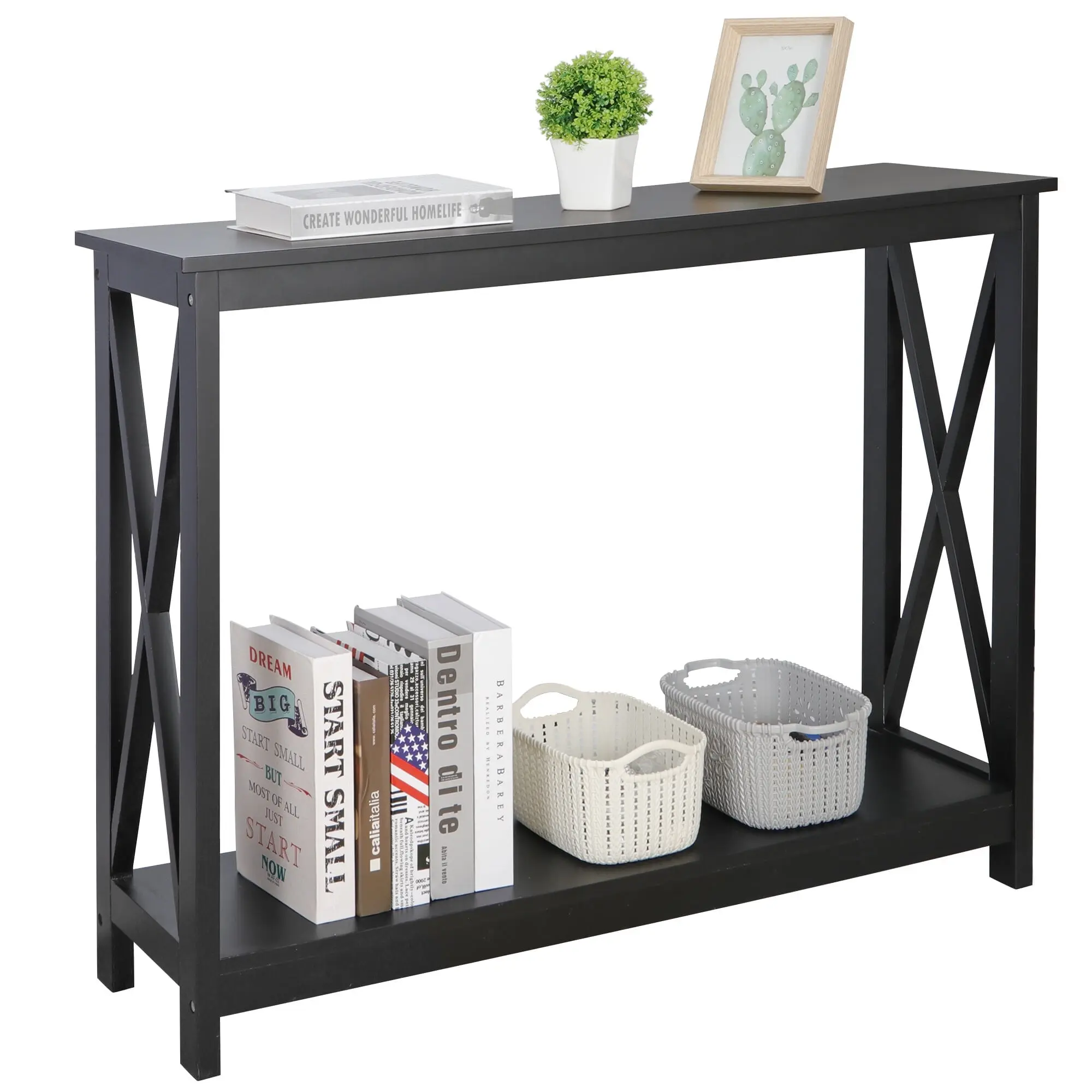 Zeny 2-Tier Narrow Console Table Modern Entryway Sofa Table for Bedroom Living Room Black MDF Double-X Design 39.4" L x 11.8" W x 31.6" H, Living Room Tables, Sofa Side Table, Modern Accent Table