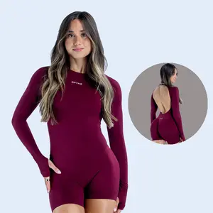 （with logo）DFYNE Women’s Seamless Long Sleeve Bodysuit with Thumb Holes, Tummy Control One Piece Workout Unitard Shorts for Yoga & Gym