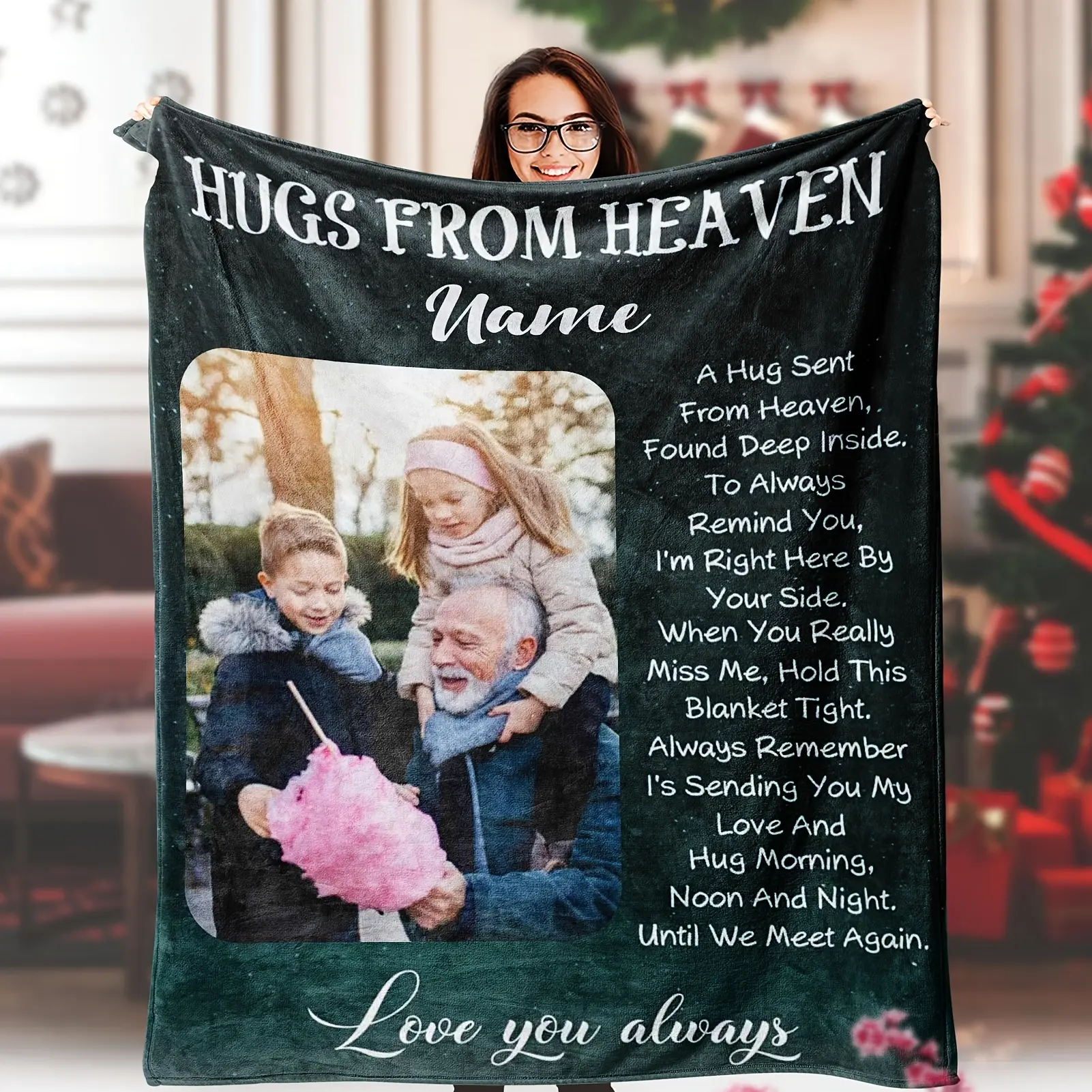 1pc Custom Commemorative Soft Flannel Throw Blanket - "Hugs from Heaven" Personalized Photo & Name, Breathable All-Seasons, Bereavement Home Supply Gift for Grieving Family Members, Bereavement Gift, Print, Customized, One-Piece