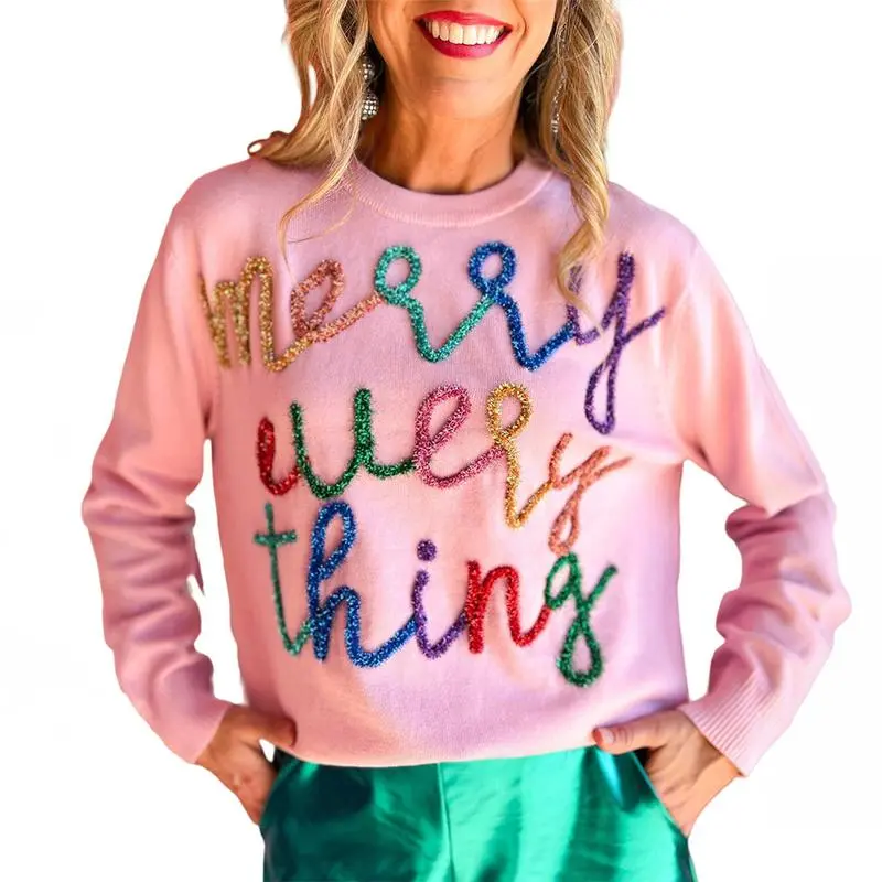 Merry Everything Christmas Sweater for Women Pink Tinsel Knit Holiday Pullover