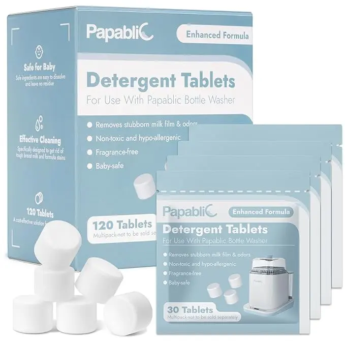 Papablic 120Pcs Baby Bottle Washing Tablets - Ultra Concentrated Safe Detergent, Powerful Effective Cleaners for Bottle Washer, Compatible with Momcozy, GROWSY, Baby Brezza & All Brands to Remove Milk Residue, Infant Newborn Baby Bottle Cleaners