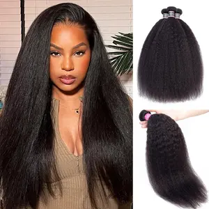 OQ HAIR Kinky Straight Hair Bundles 100% Virgin Human Hair Weaving Natural Black Color 3 4 Bundle Deals Double Weft Sew in Hair Extensions