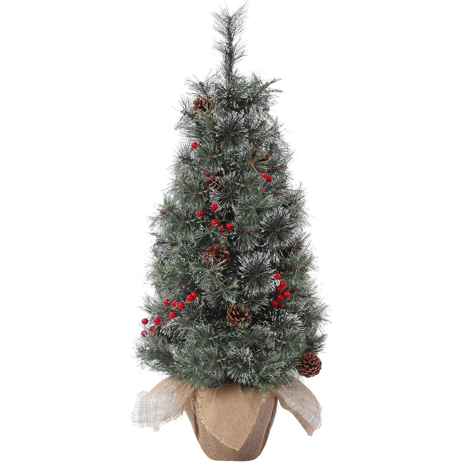 2 Pcs 3ft Pre-Lit Small Artificial Mini Christmas Tree, Christmas Tree Prelit with Vintage Potted Base, Flocked Snow 78 White Led Lights & Red Berries & Snowflake, Home Decor Indoor for Bedroom, Fire Ornaments Traditional Decorative Greenery