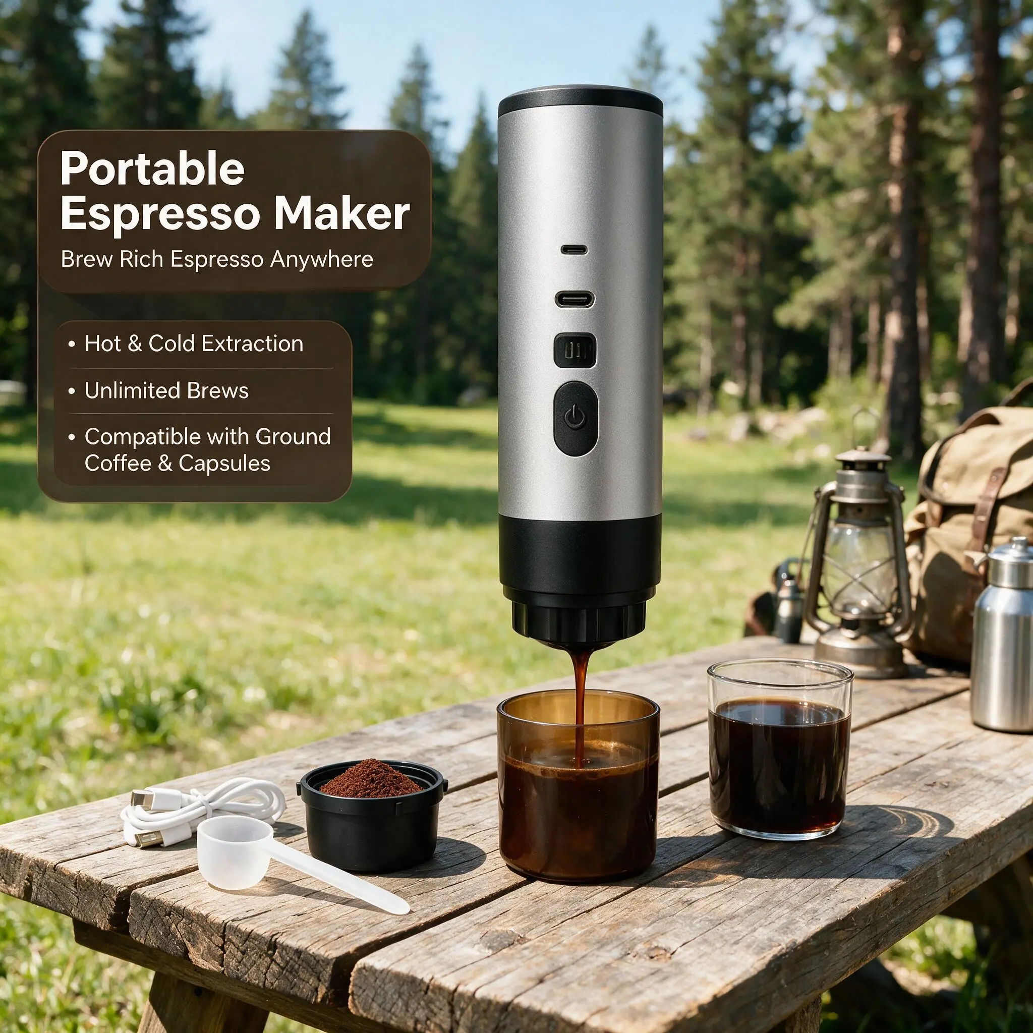 Rechargeable Portable Espresso Maker Hot & Cold Brew Coffee Machine Compatible with Ground Coffee and Capsules