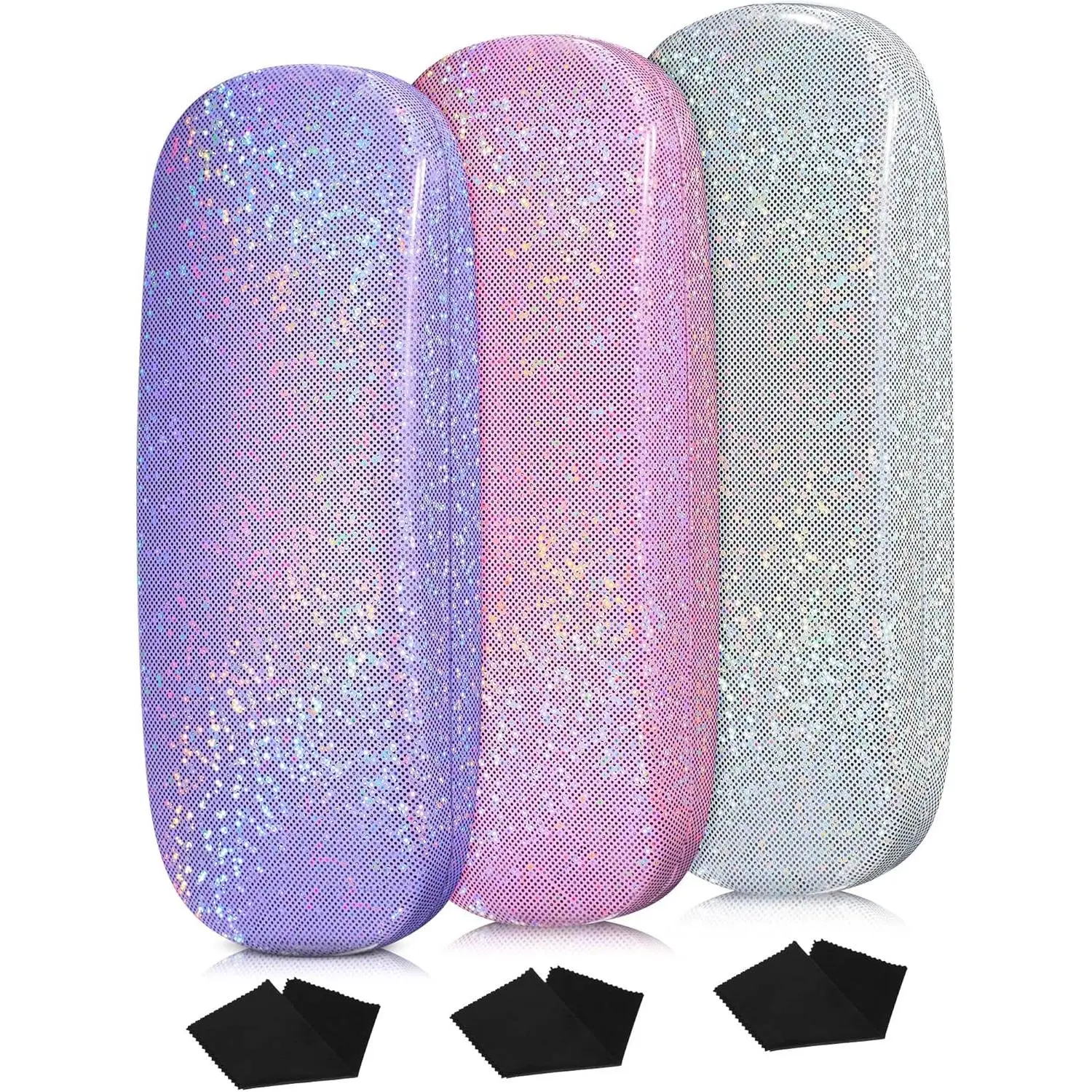 H-13 3-Pack Kids' Hard Shell Glitter Plastic Eyewear Case, Compact Flip Top Protective Holder with Soft Pocket, Unisex for Children's Eyewear, 6.3 X 2.4 X 1.2 Inches