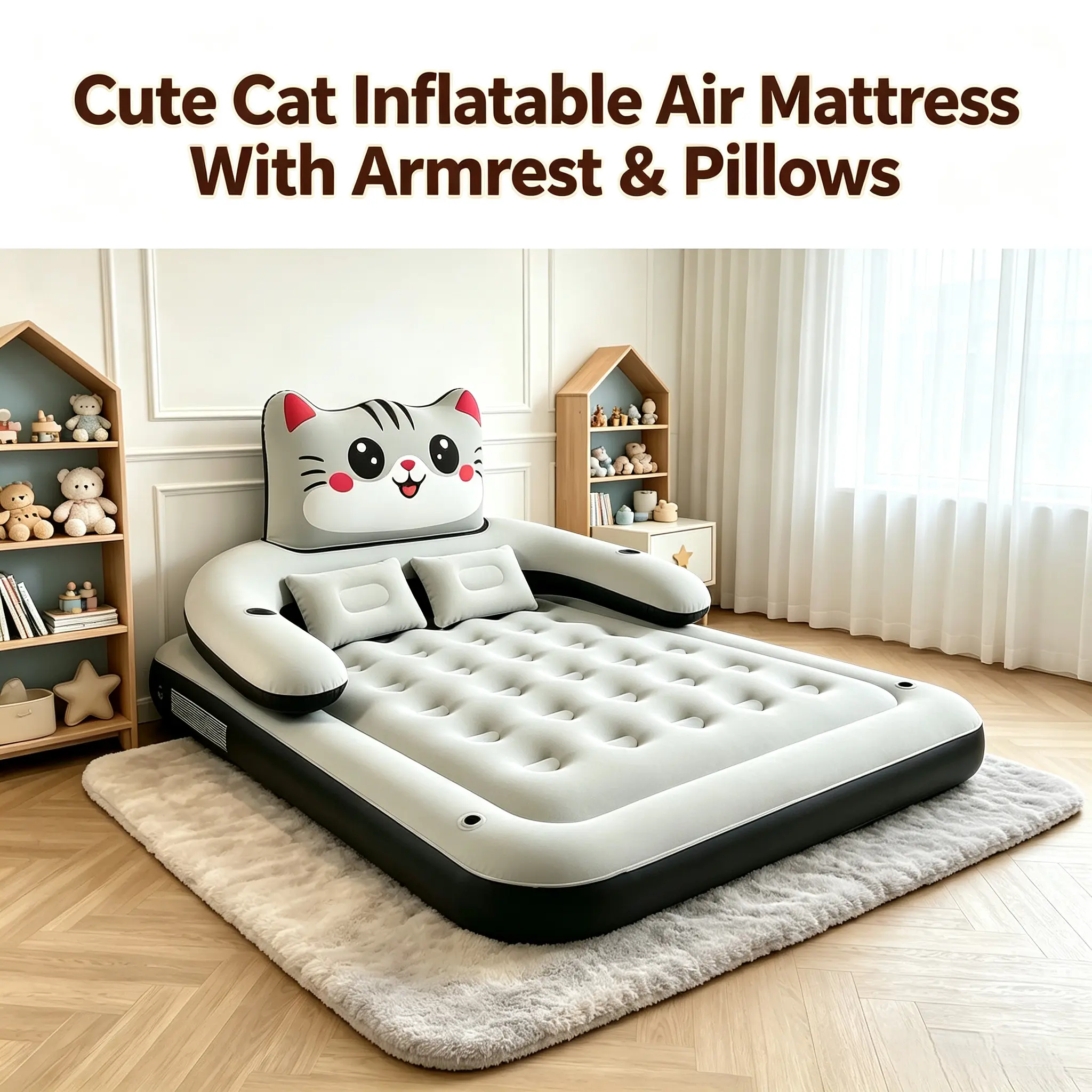 Inflatable Mattress with Cute Kitten Theme, a Waterproof & Compact Sleeping Pad for Outdoor Camping, Travel, and Relaxation, Outdoor Camping Supplies, Portable Sleeping Bed, Garden Relaxation, Lightweight, Wear-Resistant, Blow Up Bed, Inflating Bed