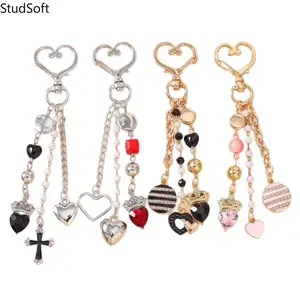 New Best-Selling Beaded Keychain — Round Tag, Rhinestone-Embellished Heart & Cross Charms, Bag Accessory