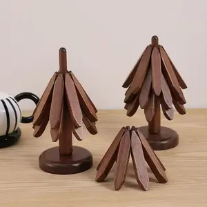 Christmas Tree-Shape Kitchen Set - 4 Potholders, 1 Holder, Wooden Coasters, Foldable Decorative Placemat for Hot Dishes, Pots, Bowls, Birthday Gift Ideas (Home & Festive Decor Supplies)